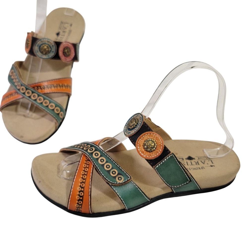 L'Artiste Spring Step Glendora Leather Slide Sandals Multicolor Boho 38 7.5-8